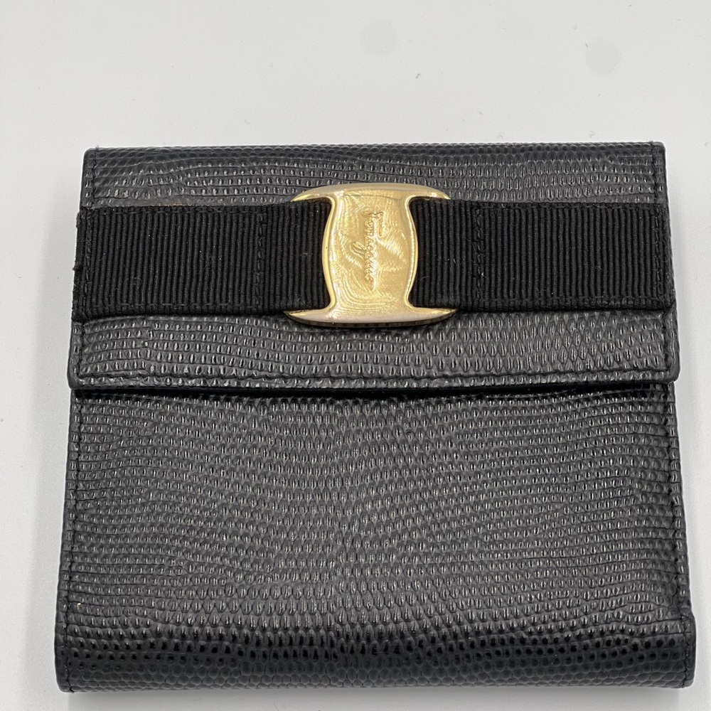 Salvatore Ferragamo Vara Ribbon Black Textured Wallet with Gold Detail